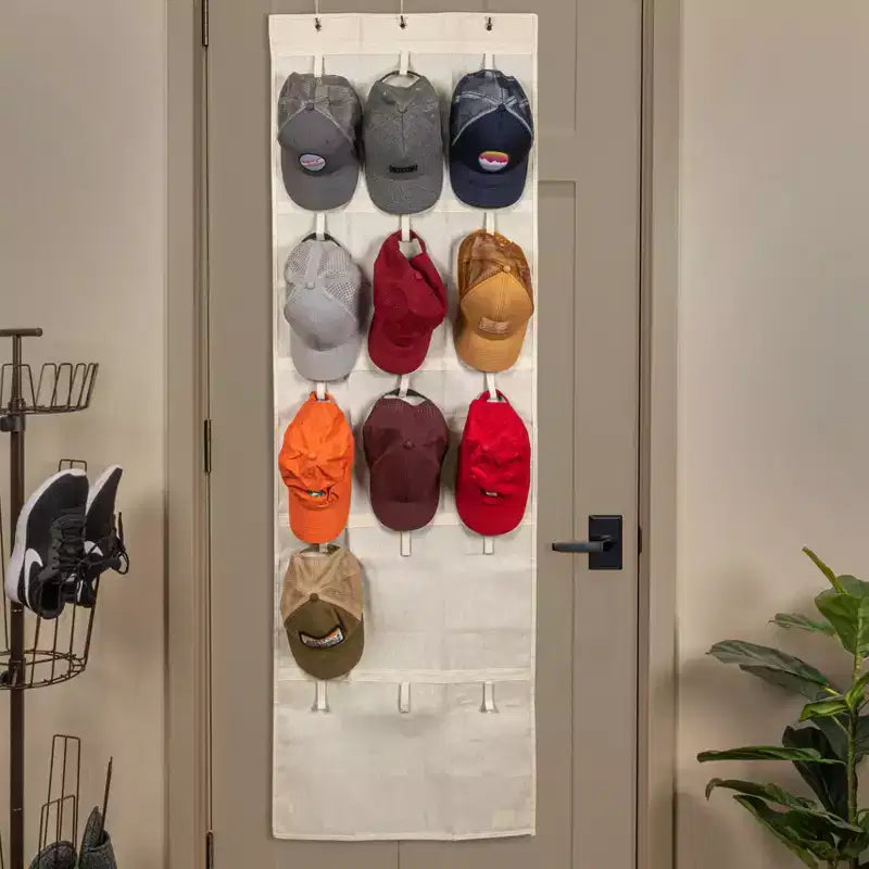 Organisateur de casquettes et chapeaux en mélange de coton à suspendre derrière une porte, avec 15 crochets et boucles de suspension, naturel