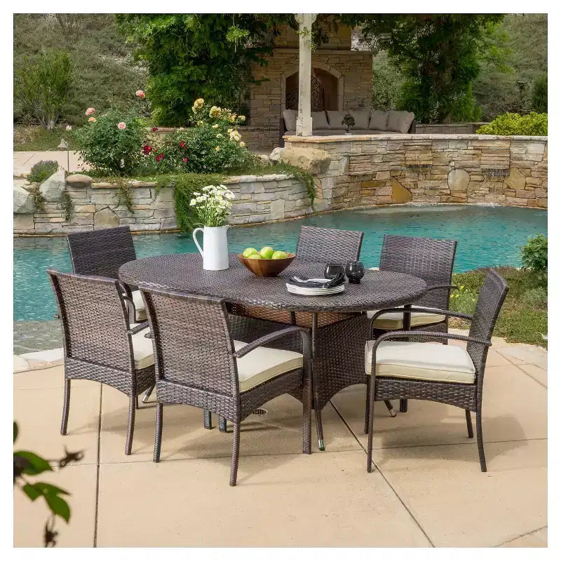 Anthony 7pc Dining Set: Outdoor Wicker, Iron Frame, 6 Arm Chairs with Cushions - Christopher Knight Home