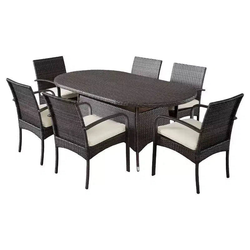 Ensemble de salle à manger Anthony 7 pièces : résine tressée d'extérieur, cadre en fer, 6 fauteuils avec coussins – Christopher Knight Home