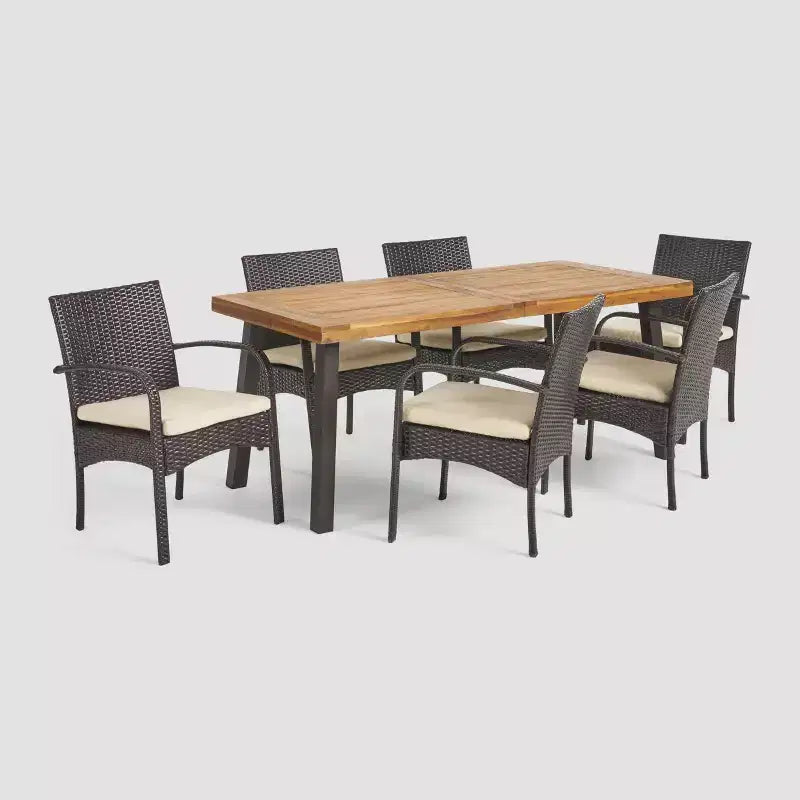 Ensemble de salle à manger rectangulaire 7 pièces en osier et bois tout temps Bavaro - Marron/Crème - Christopher Knight Home : Acier galvanisé, coussins en polyester