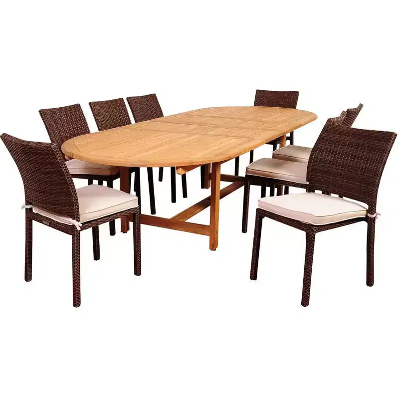 Noah 9pc Teak Wood Wicker Double-Extendable Oval Patio Dining Set - International Home Miami: Weather-Resistant