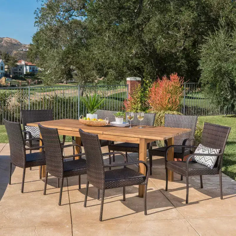 Lambert 9pc Acacia & Wicker Dining Set: Expandable, Weather-Resistant - Christopher Knight Home