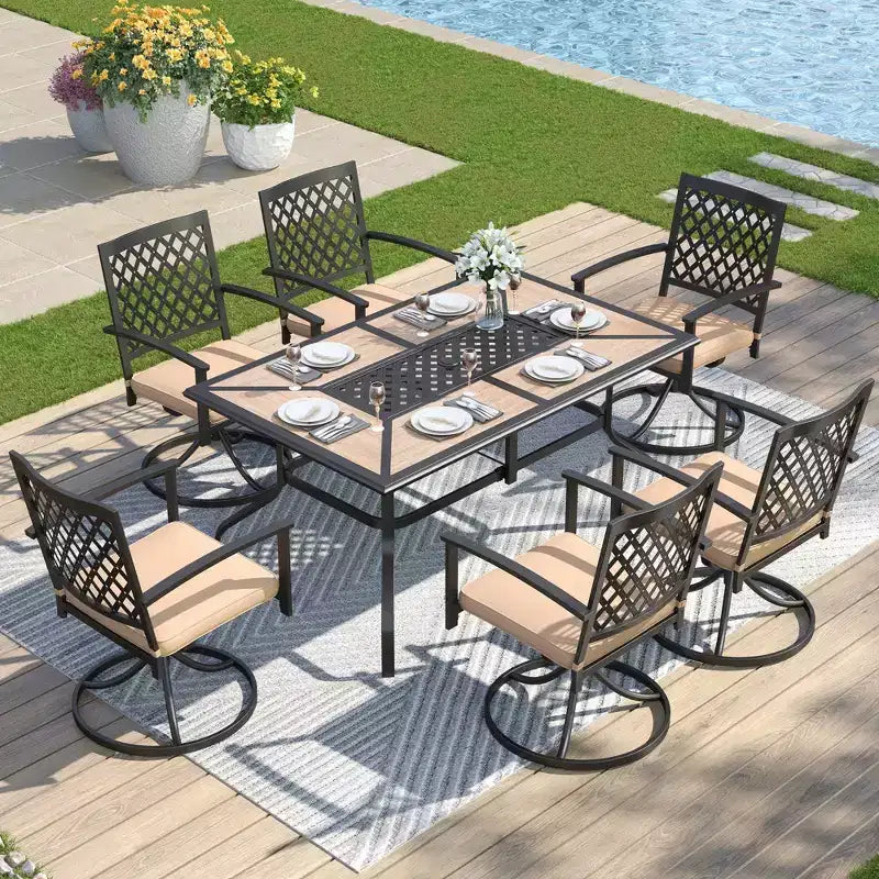 7pc Metal Patio Dining Set with Rectangular Table & 6 Swivel Chairs - Captiva Designs
