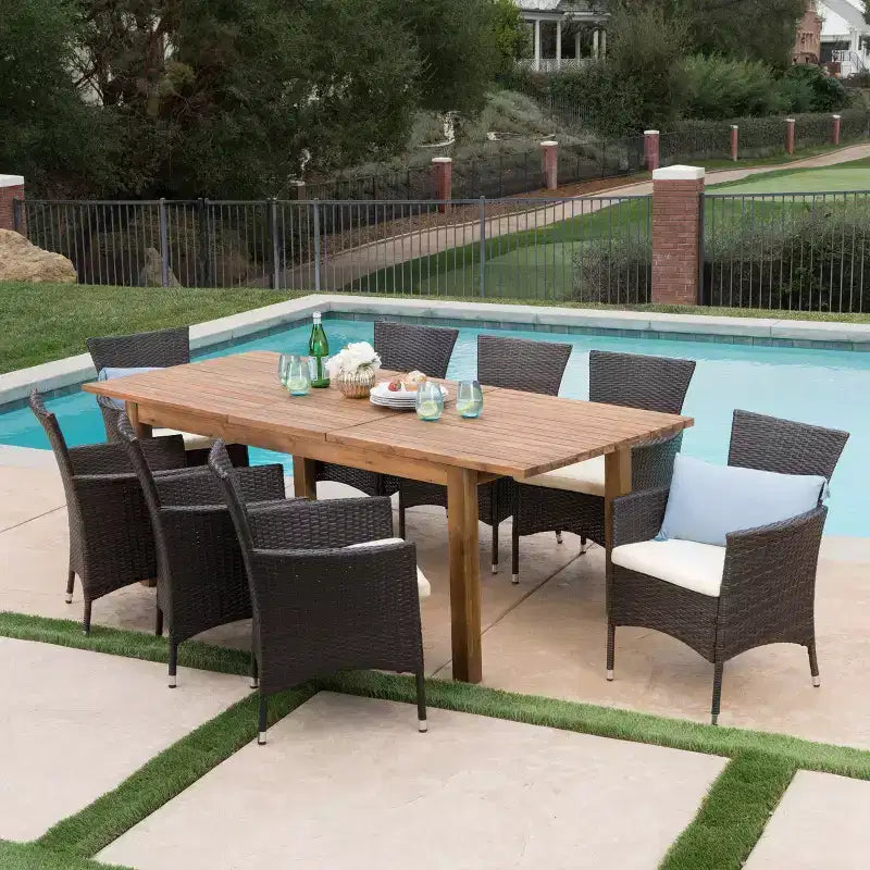 Oslo 9pc Acacia Wood & Wicker Patio Dining Set: Seats 8, Includes Cushions - Christopher Knight Home
