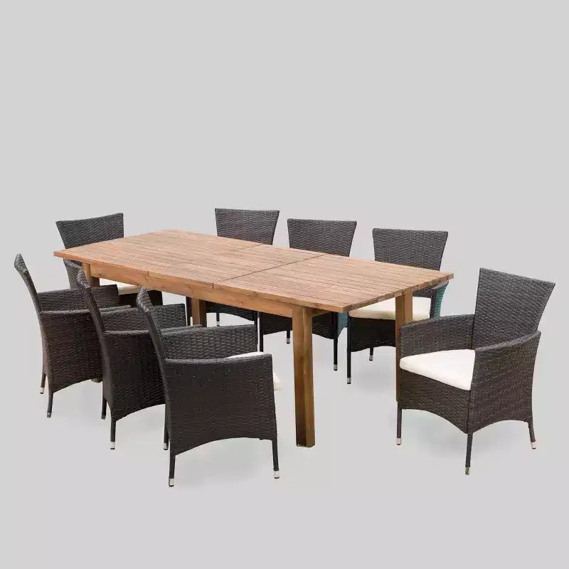 Ensemble de salle à manger d'extérieur Oslo 9 pièces en bois d'acacia et osier : 8 places, coussins inclus - Christopher Knight Home