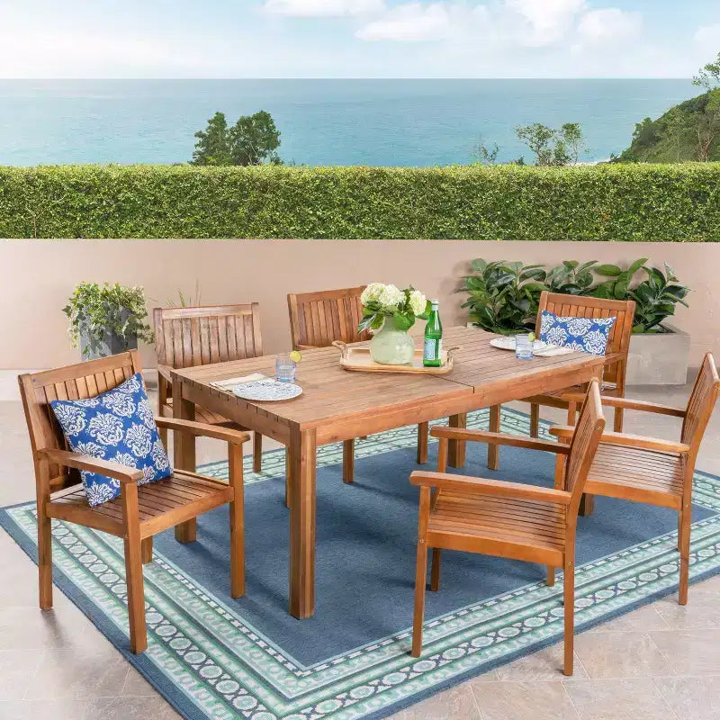 Wiloson 7pc Acacia Dining Set - Teak - Christopher Knight Home: Weather-Resistant, 6 Arm Chairs