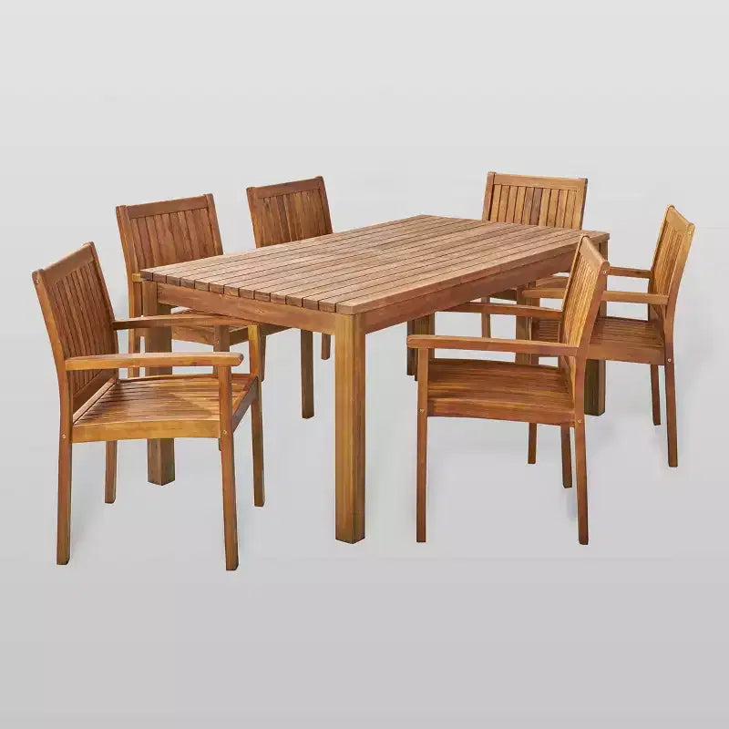 Ensemble de salle à manger Wiloson 7 pièces en acacia - Teck - Christopher Knight Home : Résistant aux intempéries, 6 fauteuils