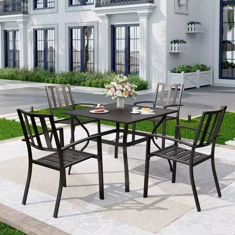 5pc Metal Indoor/Outdoor 37" Square Striped Dining Table with Arm Chairs & 1.57" Umbrella Hole - Captiva Designs