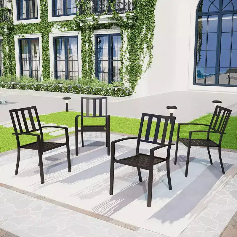 Table à manger carrée rayée 5 pièces en métal, d'intérieur/extérieur, 94 cm, avec fauteuils et trou de parasol de 4 cm – Captiva Designs