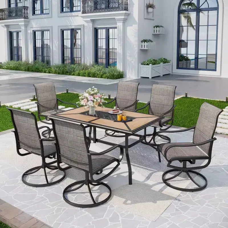 7pc Metal Patio Dining Set with 60"x37" Rectangular Metal Table & Padded Swivel Chairs - Captiva Designs