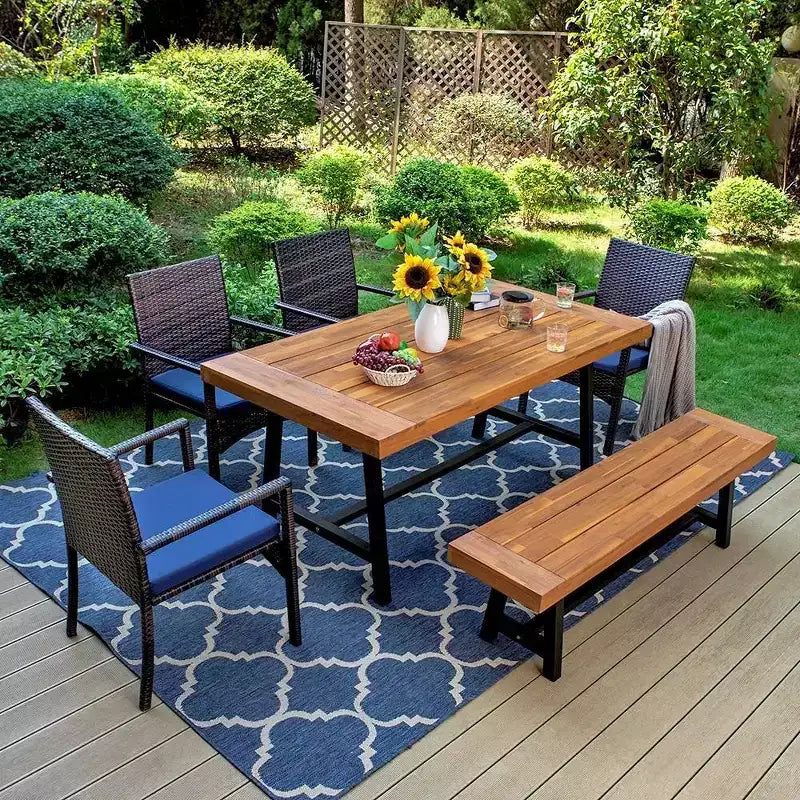 6pc Patio Dining Set: Acacia Wood Table, Bench, 4 Rattan Armchairs - Captiva Designs