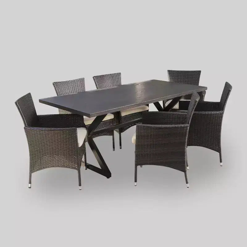 Ensemble de salle à manger 7 pièces en aluminium et osier Dion - Marron - Christopher Knight Home : Résistant aux intempéries avec coussins en polyester