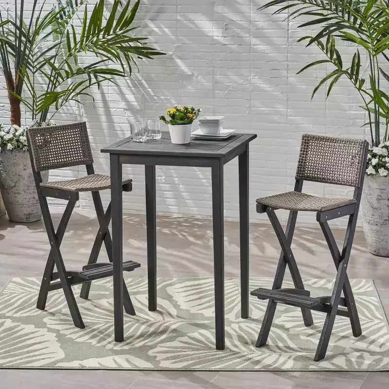 Polaris 3pc Wood and Wicker 26" Square Bar Set Dark Gray - Christopher Knight Home: Weather-Resistant Patio Dining Set with 2 Stools