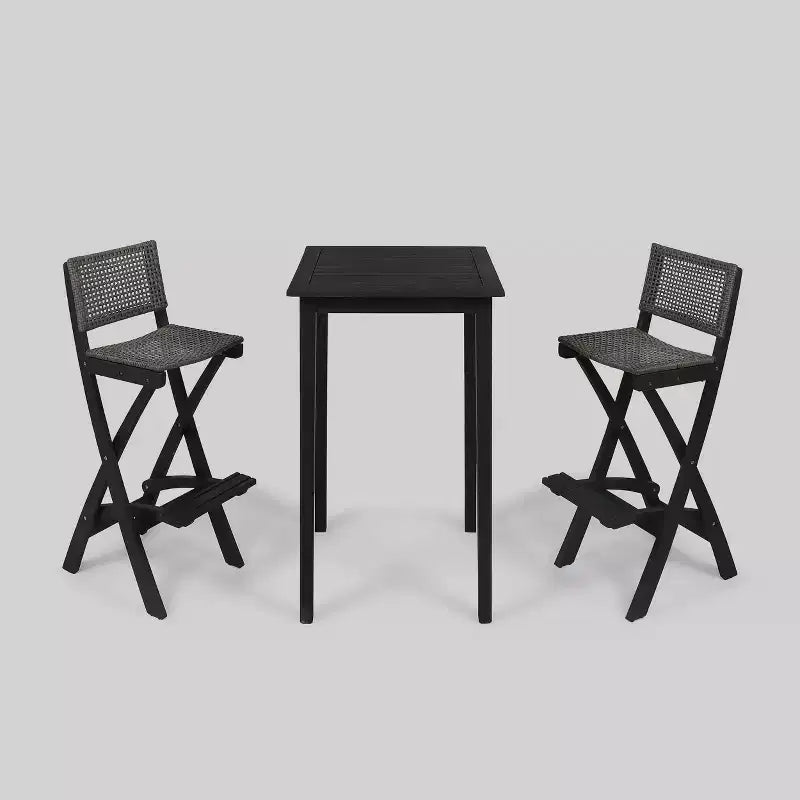Ensemble de bar carré 3 pièces en bois et osier 26 po Polaris gris foncé – Christopher Knight Home : Ensemble de salle à manger de patio résistant aux intempéries avec 2 tabourets