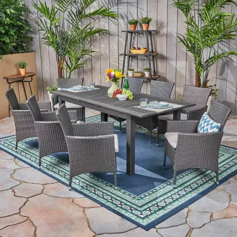 Nadia 9pc Wood and Wicker Expandable Dining Set Gray: Acacia Frame, PE Rattan, Cushions - Christopher Knight Home