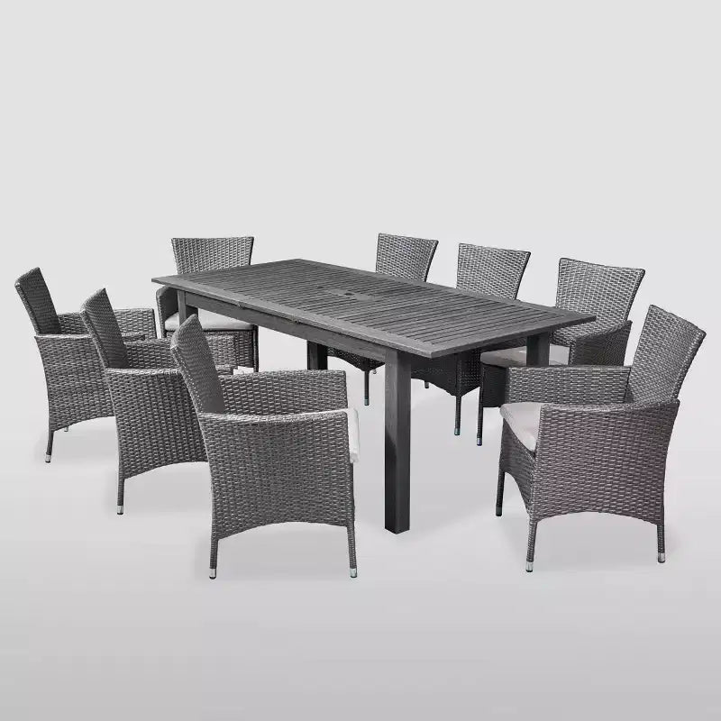Ensemble de salle à manger extensible Nadia 9 pièces en bois et osier gris : Cadre en acacia, rotin PE, coussins - Christopher Knight Home