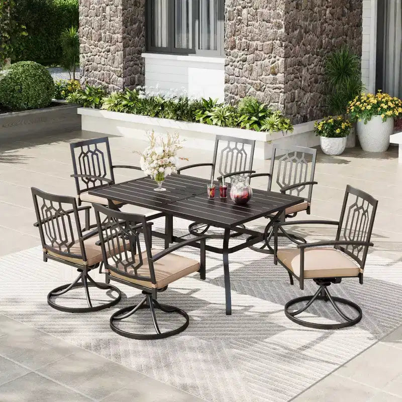 7pc Metal Patio Dining Set with Rectangular Table with Umbrella Hole & & Swivel Armrest Chairs - Captiva Designs