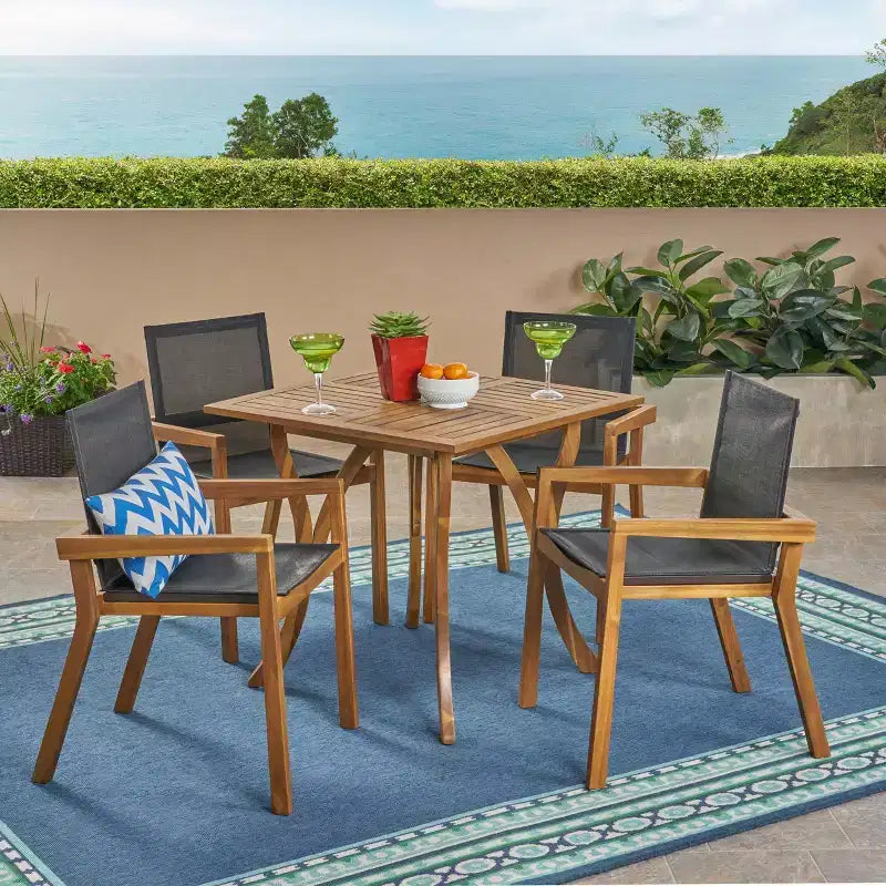 Chaucer 5pc Acacia and Mesh Dining Set - Teak/Black - Christopher Knight Home: Weather-Resistant, Square Table