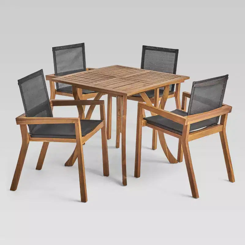 Ensemble de salle à manger 5 pièces en acacia et mailles Chaucer - Teck/Noir - Christopher Knight Home : Résistant aux intempéries, Table carrée