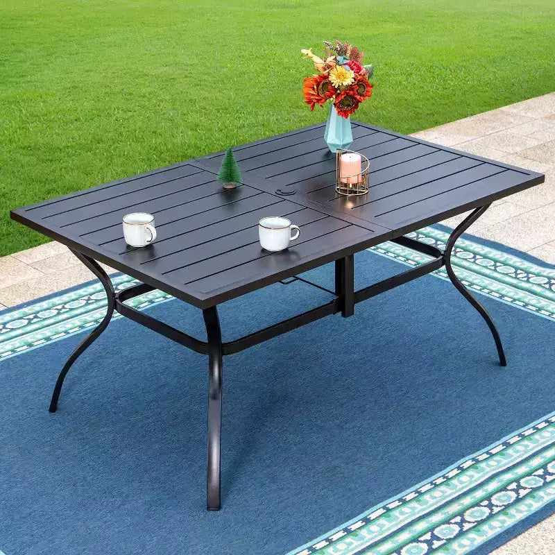 Table rectangulaire d'extérieur et 6 chaises avec motif quadrillé, 7 pièces – Noir – Captiva Designs : Structure en fer, Résistant aux UV