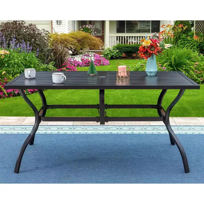Table rectangulaire d'extérieur et 6 chaises avec motif quadrillé, 7 pièces – Noir – Captiva Designs : Structure en fer, Résistant aux UV
