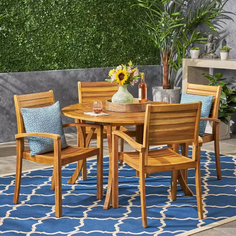 Wells 5 pc Acacia Wood Round Dining Set Teak Finish - Christopher Knight Home: Weather-Resistant Patio Furniture