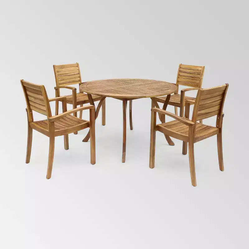 Ensemble de salle à manger rond 5 pièces en bois d'acacia Wells, finition teck - Christopher Knight Home : Meubles de patio résistants aux intempéries