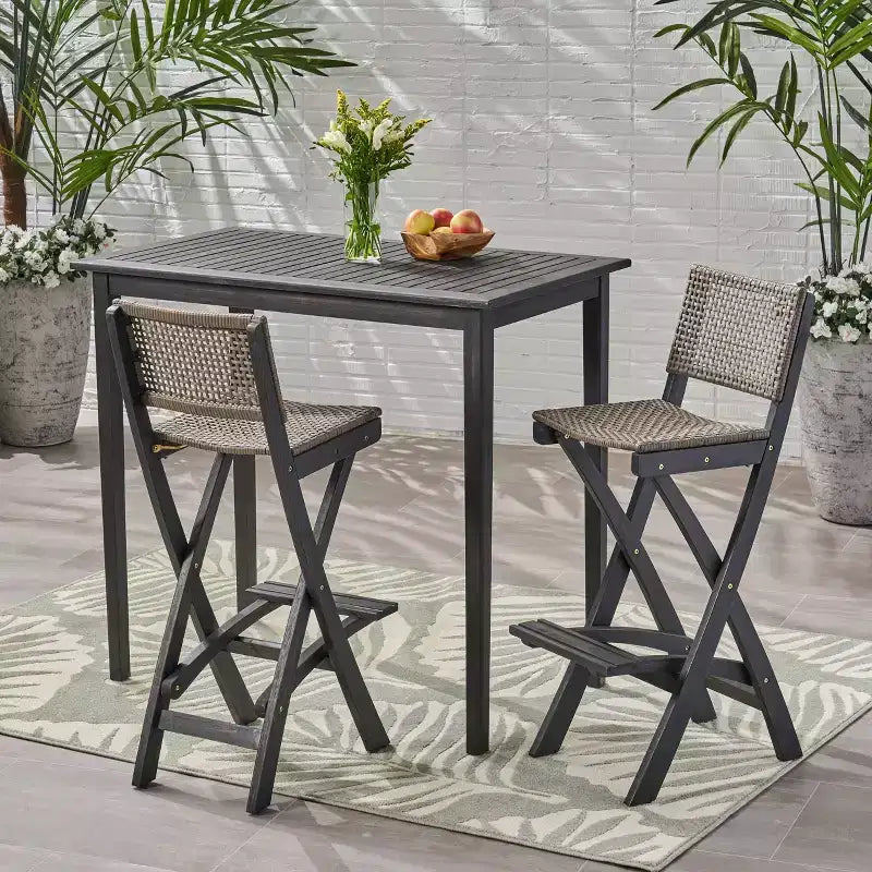 Polaris 3pc Wood and Wicker 45" Rectangular Bar Set Dark Gray - Christopher Knight Home: Acacia Frame, Weather-Resistant