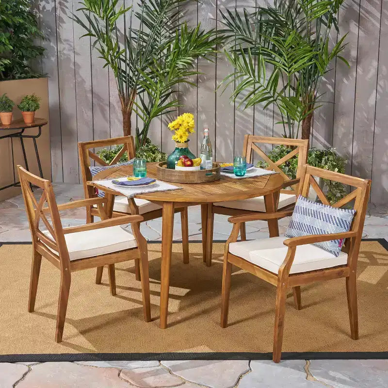 Pines 5pc Acacia Wood Outdoor Dining Set - Teak/Cream - Christopher Knight Home, Weather-Resistant: 4-Person Patio Furniture Set