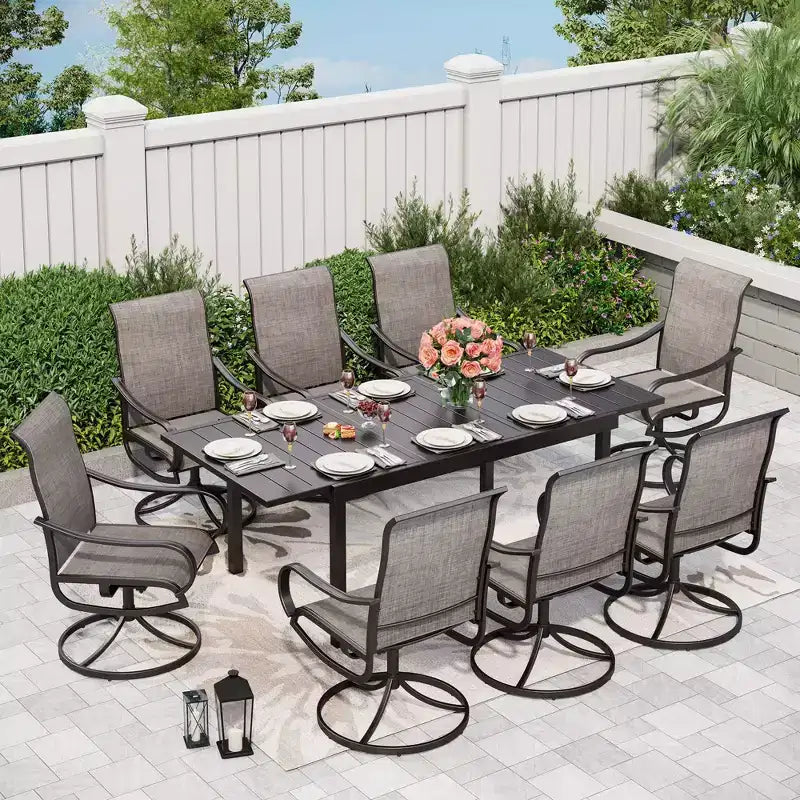 9pc Patio Dining Set with Expandable Steel Table & 360 Swivel Sling Arm Chairs - Captiva Designs: Outdoor Furniture Set