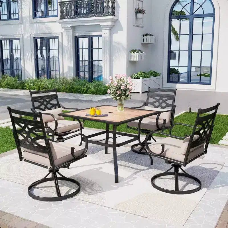 5pc Outdoor Dining Set with Swivel Chairs with Thick Seat & Back Cushions & Square Faux Wood Tabletop with Umbrella Hole - Captiva Designs