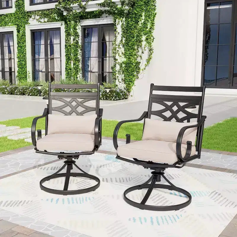 Ensemble de salle à manger d'extérieur 5 pièces avec chaises pivotantes avec coussins d'assise et de dossier épais et plateau de table carré en faux bois avec trou pour parasol - Captiva Designs