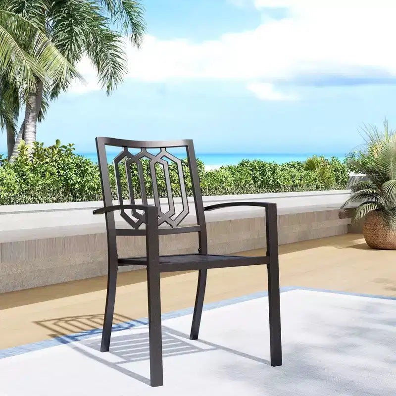 Ensemble de salle à manger d'extérieur 7 pièces Captiva Designs - Table rectangulaire en acier 150x90 cm avec trou pour parasol de 4 cm et 6 chaises avec accoudoirs en acier, Noir