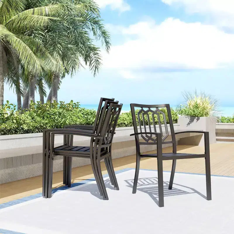 Ensemble de salle à manger d'extérieur 7 pièces Captiva Designs - Table rectangulaire en acier 150x90 cm avec trou pour parasol de 4 cm et 6 chaises avec accoudoirs en acier, Noir