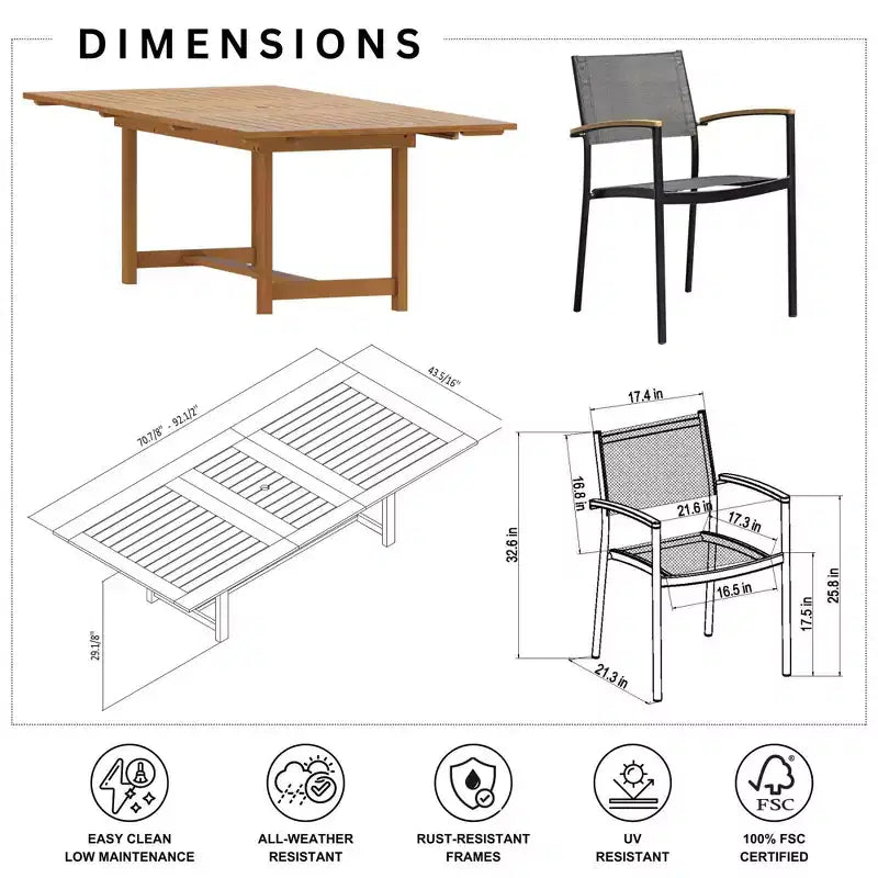 Ensemble de salle à manger d'extérieur rectangulaire extensible Amazonia Lapa 7 pièces en aluminium et bois finition teck 100 % noir