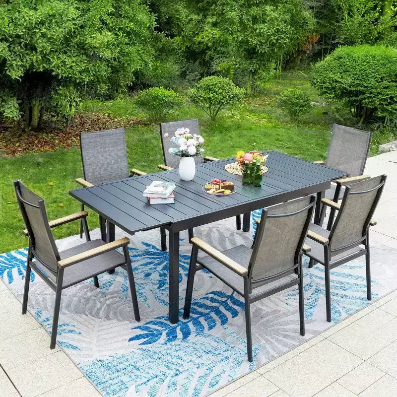 Ensemble de patio 7 pièces avec table extensible et chaises empilables en aluminium léger avec revêtement en textilène - Captiva Designs : Salon de jardin pour 6 personnes