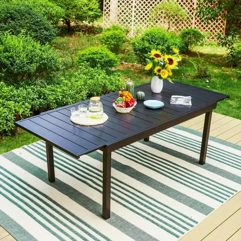 Ensemble de patio 7 pièces avec table extensible et chaises empilables en aluminium léger avec revêtement en textilène - Captiva Designs : Salon de jardin pour 6 personnes