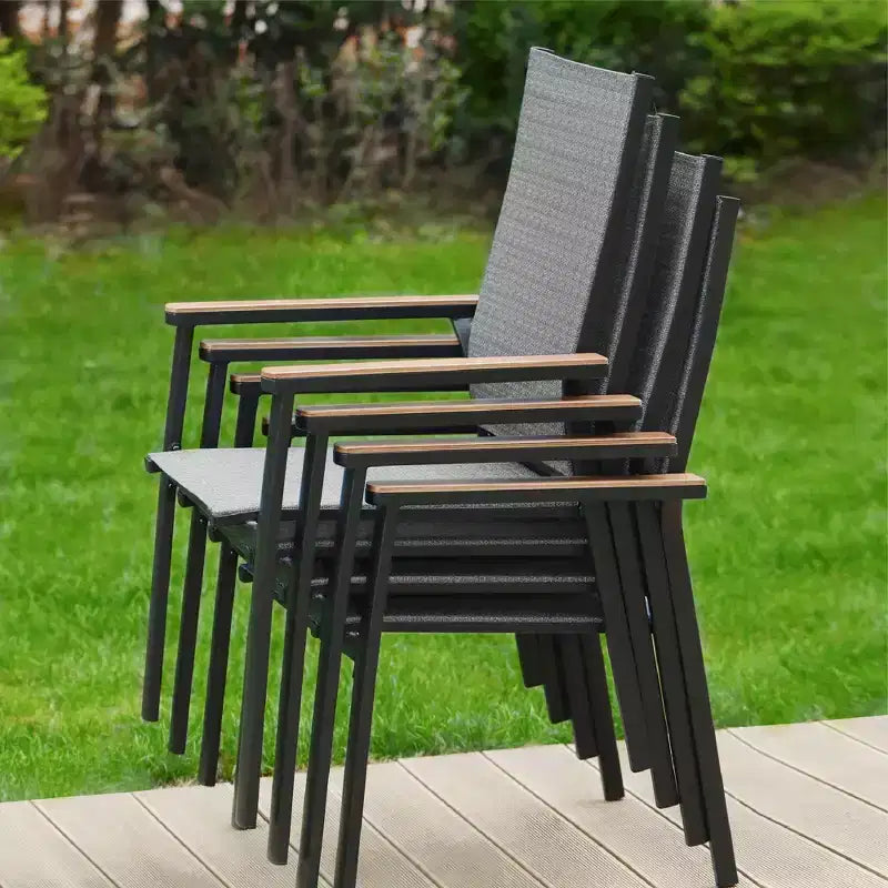 Ensemble de patio 7 pièces avec table extensible et chaises empilables en aluminium léger avec revêtement en textilène - Captiva Designs : Salon de jardin pour 6 personnes