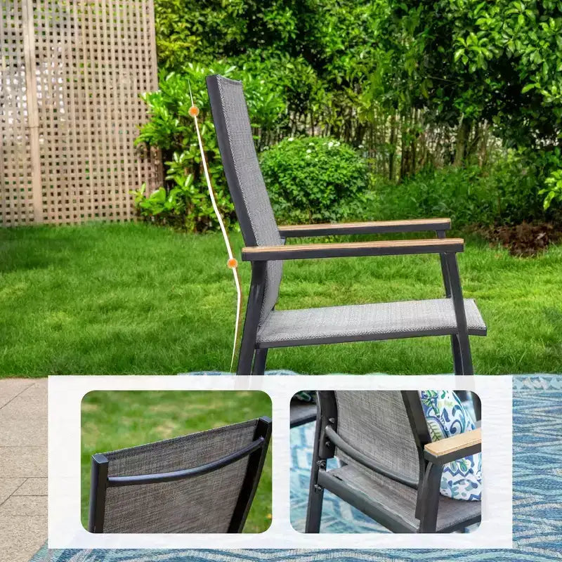 Ensemble de patio 7 pièces avec table extensible et chaises empilables en aluminium léger avec revêtement en textilène - Captiva Designs : Salon de jardin pour 6 personnes
