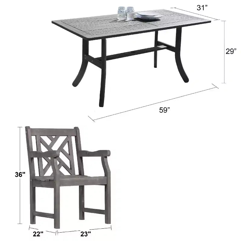 Azen Ensemble de salle à manger d'extérieur 5 pièces en acacia durable finition bois de grange, couleur gris lavé