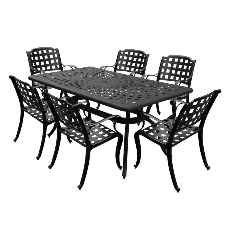 7pc Outdoor Dining Set with 67" Modern Ornate Mesh Aluminum Rectangular Table & Checker Chairs - Black - Oakland Living
