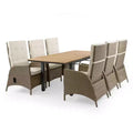 Greemotion 7pc Mackay Teak Wood Top Outdoor Patio Dining Set with Self Storing Butterfly Leaf & Reclining Chairs Brown