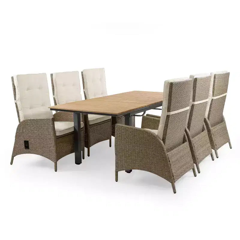 Greemotion 7pc Mackay Teak Wood Top Outdoor Patio Dining Set with Self Storing Butterfly Leaf & Reclining Chairs Brown