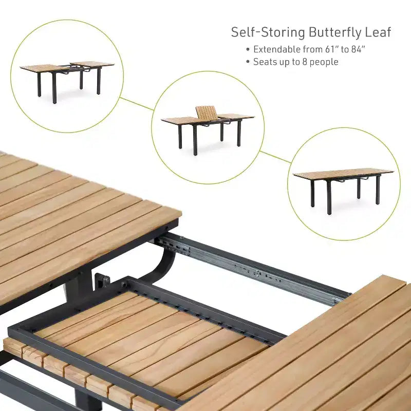 Ensemble de salle à manger d'extérieur 7 pièces Greemotion Mackay en bois de teck avec rallonge papillon intégrée et chaises inclinables marron