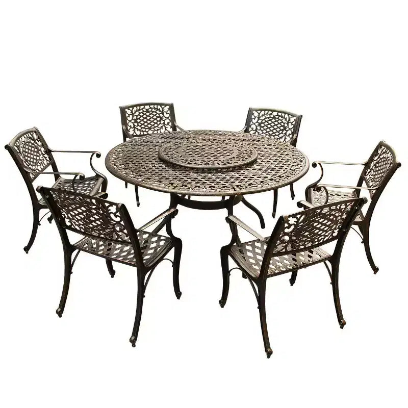 7pc Patio Dining Set with 59" Ornate Traditional Mesh Lattice Aluminum Round Table with Lazy Susan - Bronze - Oakland Living: UV-Resistant