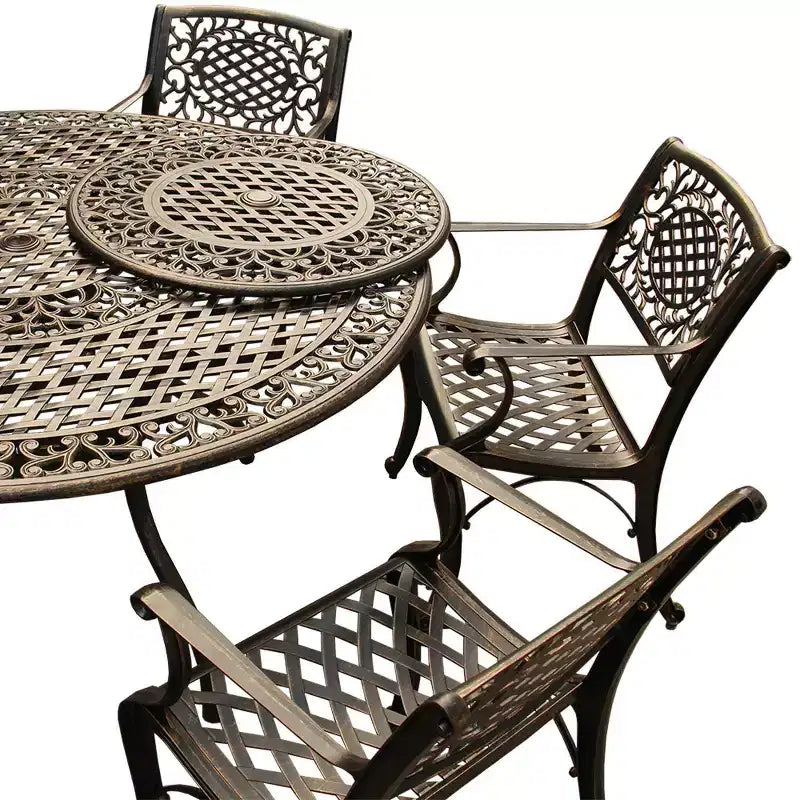 Ensemble de salle à manger 7 pièces pour terrasse avec table ronde en aluminium maillée ornée traditionnelle de 150 cm avec plateau tournant - Bronze - Oakland Living : Résistant aux UV