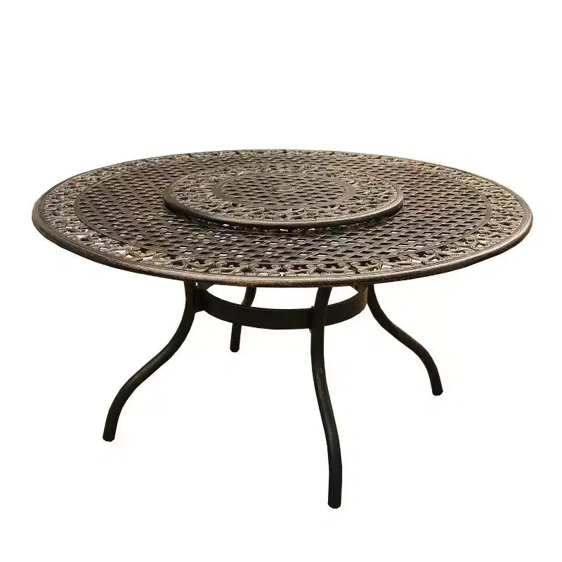 Ensemble de salle à manger 7 pièces pour terrasse avec table ronde en aluminium maillée ornée traditionnelle de 150 cm avec plateau tournant - Bronze - Oakland Living : Résistant aux UV