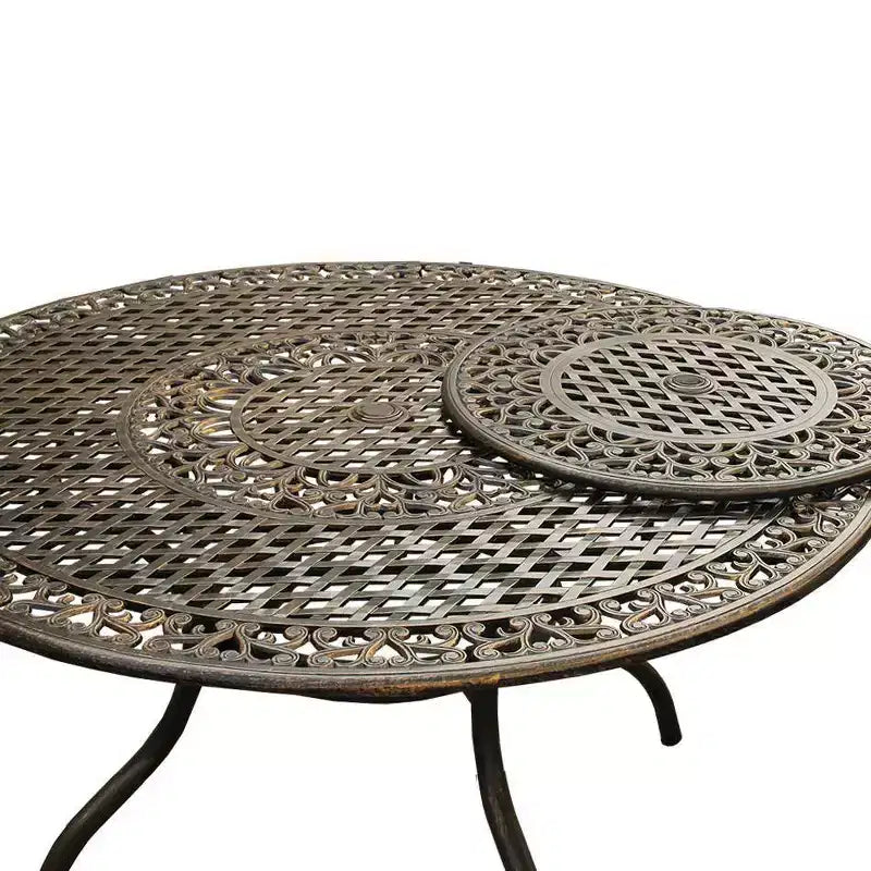Ensemble de salle à manger 7 pièces pour terrasse avec table ronde en aluminium maillée ornée traditionnelle de 150 cm avec plateau tournant - Bronze - Oakland Living : Résistant aux UV