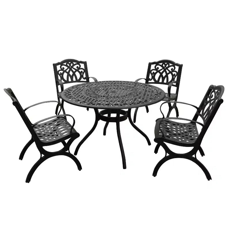 5pc Patio Dining Set with 48" Ornate Outdoor Mesh Aluminum Round Table & Luxury Chairs - Black - Oakland Living: UV-Resistant, Non-Foldable