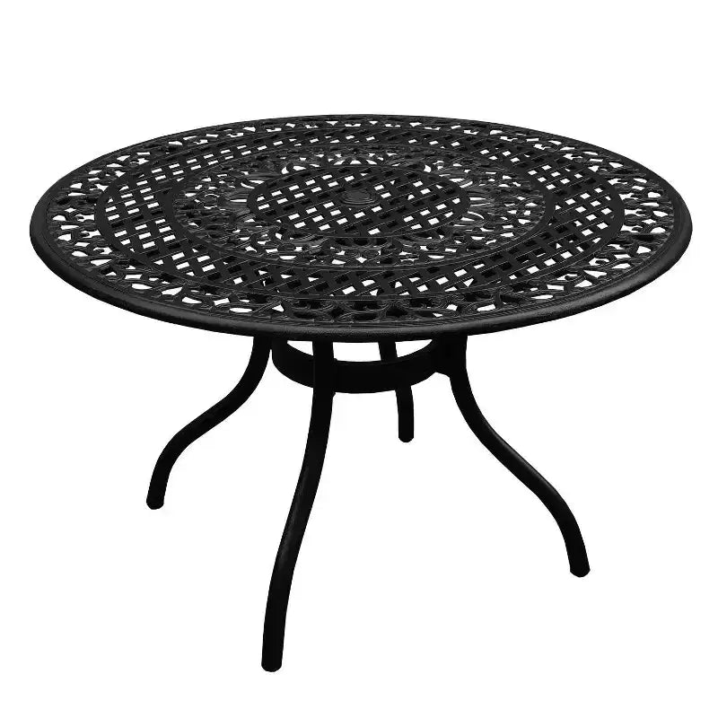 Ensemble de salle à manger de patio 5 pièces avec table ronde en aluminium maillé ornée de 48 po et chaises de luxe - Noir - Oakland Living : Résistant aux UV, non pliable